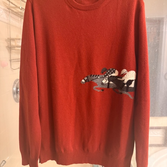 Excellent Hermes Cashmere Orange/Red Horse Sweater - Picture 2 of 5